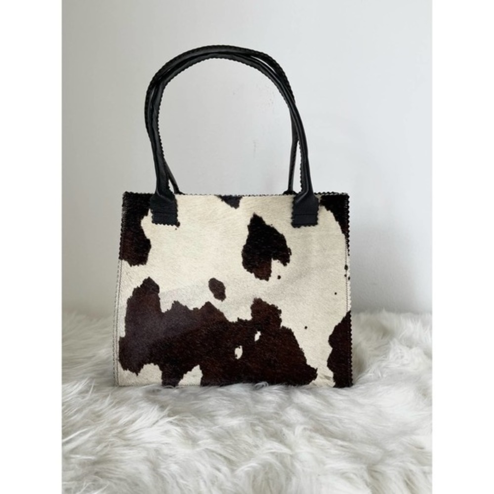 Vintage Brown and White Cowhide Handbag Purse by Sarah Shaw HandBag Tote